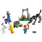 LEGO Fortnite Peely and Sparkplug's Camp set featuring a colorful llama, characters, campfire, and a wolf figure among play elements.