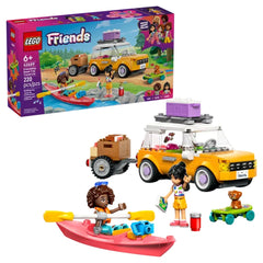 LEGO Friends Friendship Road-Trip Travel Car set featuring two mini-dolls, a kayak, colorful accessories, and a buildable car in vibrant yellow.