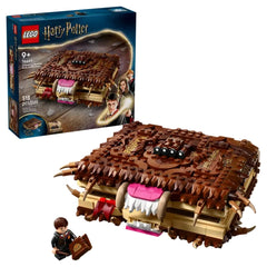 LEGO Harry Potter Chomping Monster Book of Monsters set featuring a brick-built book with a furry cover, teeth, and eyes, alongside a mini figure of Harry Potter holding a wand.