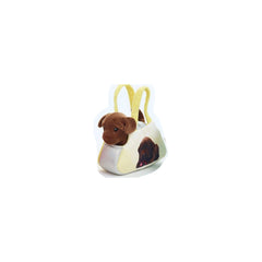 Brown plush dog nestled inside a yellow carrying bag with a handle, set against a plain white background.