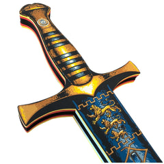 Liontouch King Sword with metallic gold blade, black textured handle, and blue reflective surface, ideal for role-playing.