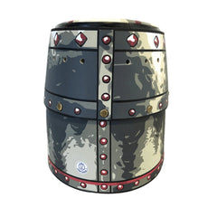 Liontouch Maltese Helmet features a cylindrical shape with a metallic sheen, adorned with red and gold circular accents.