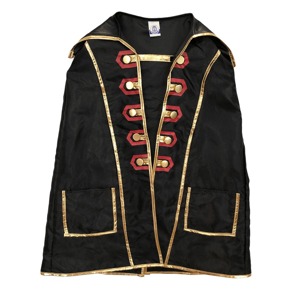 Liontouch Pirate Cape features black fabric with gold trim and buttons, designed for pretend play and role playing.