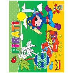 MACRO JUNIOR Pirati Colouring Book features a colorful pirate character in vibrant clothing against a solid background.