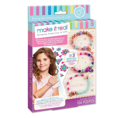 Bedazzled charm bracelet packaging featuring colorful flower, star, heart, and butterfly designs against a gradient backgroun