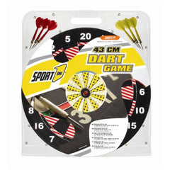 Mandelli 43 cm dart game packaging features a yellow dartboard graphic with black numbers and three red darts, all in a gloss