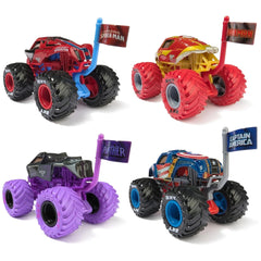 Marvel Monster Jam Truck toy collection features four colorful vehicles with large wheels, showcasing playful superhero desig