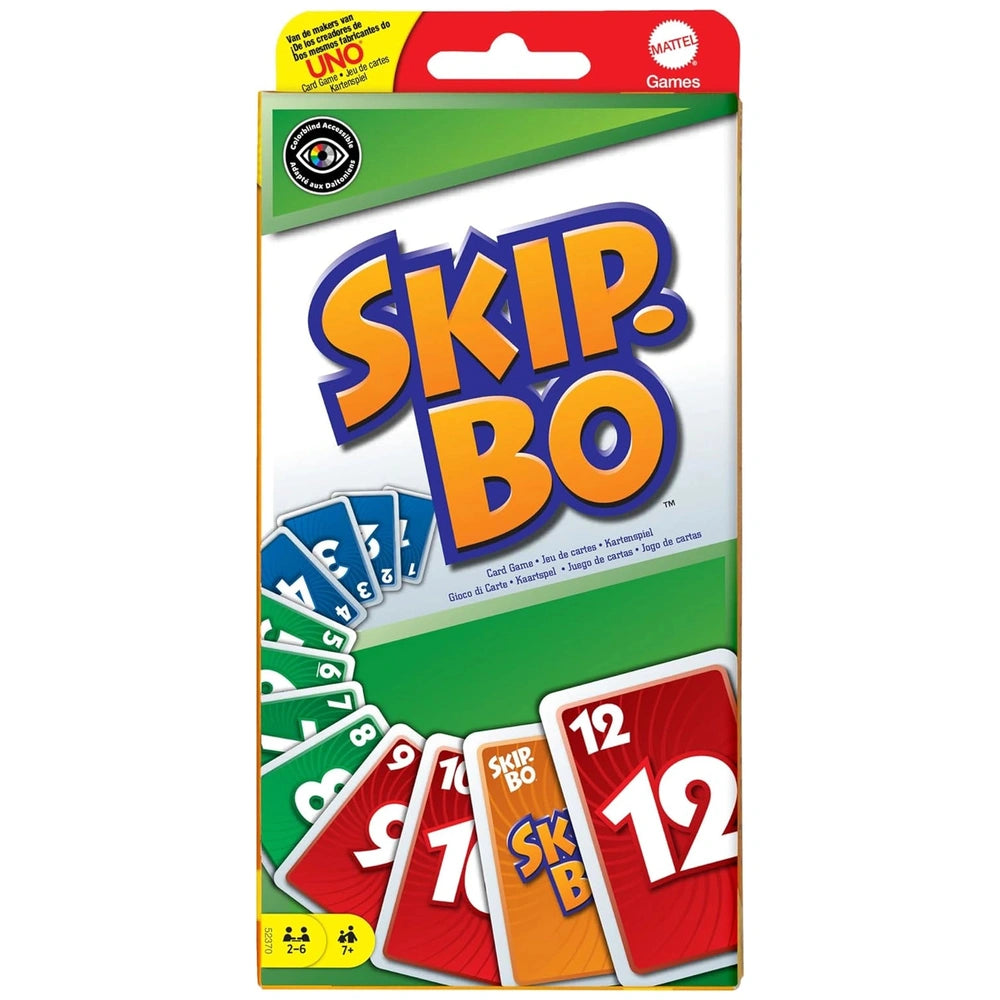 Skip-Bo Ultimate Sequencing Card Game packaging features colorful design with visible cards, numbers, and symbols on a white