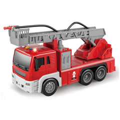 Red and white toy fire truck with a ladder, water cannon, and glossy finish, designed for adventure play.