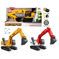 Metropoli heavy duty excavator toy in vibrant yellow and red, set against a construction site backdrop with functional compon