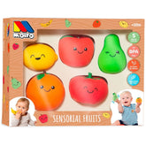 Molto Sensorial Fruits Set features five colorful fruit-shaped baby activity toys in glossy cardboard packaging.
