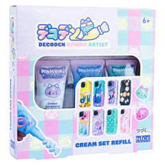 Momomi Decoden Kawaii Artist Creamy Phone Cover in glossy packaging, featuring vibrant stickers and a pink checkered backgrou