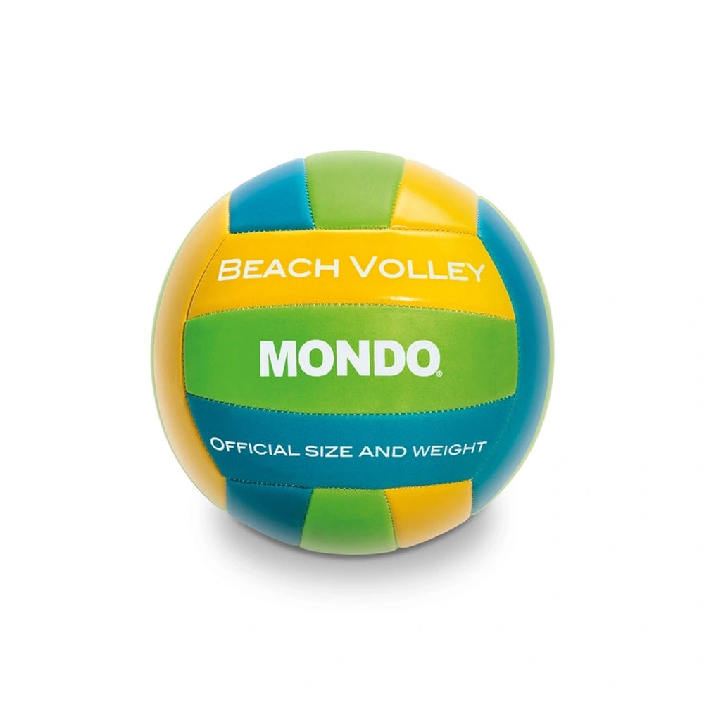 Mondo Beach Volleyball features a colorful design with green, yellow, and blue stripes, a glossy white panel, and textured su