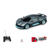 Mondo Bugatti DIVO radio-controlled car in black with blue accents, featuring shiny surfaces and matte wheels, packaged in gl