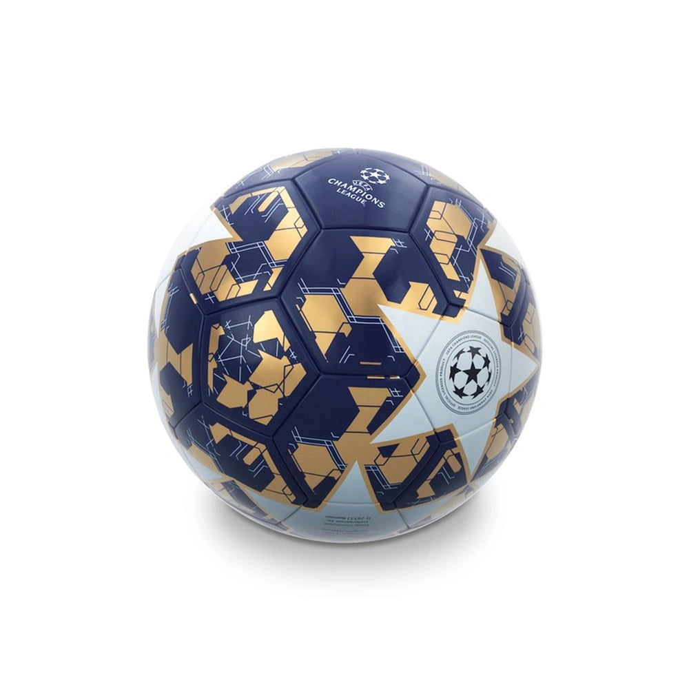Mondo Champions League Football Size 5, blue with gold geometric patterns, features textured surface and visible logos.