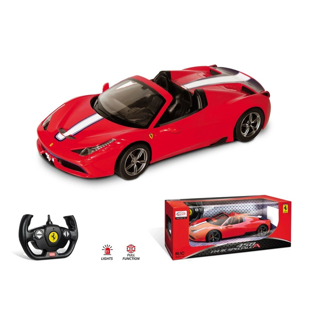 Mondo Ferrari 458 Speciale A radio-controlled car features a vibrant red and black plastic design with detailed headlights an