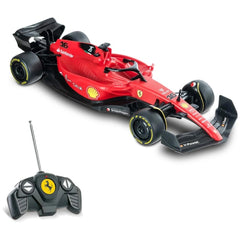 Mondo Ferrari F1 75 radio-controlled car features a red plastic body with black wheels, yellow accents, and printed sponsorsh