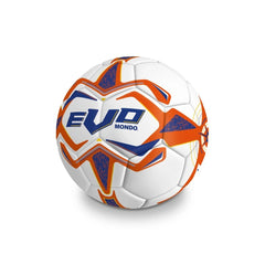 Mondo football with textured synthetic surface featuring geometric orange and blue patterns, labeled "EVO MONDO."