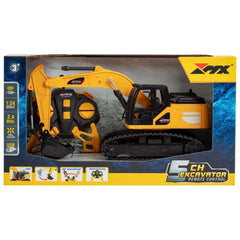 RC MX Constructions Excavator in yellow and black packaging with glossy cardboard, featuring a plastic window and remote cont