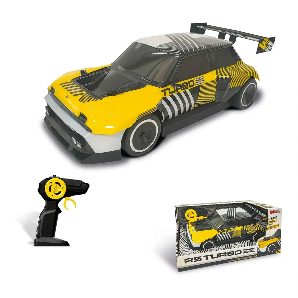 RC Renault 5 Turbo 3E features a glossy yellow and black striped plastic body, black wheels, and detailed black components.