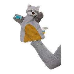 Gray and yellow 2in1 raccoon hand puppet cuddle blanket for babies, featuring a soft plush design.