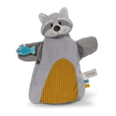 2in1 raccoon hand puppet cuddle blanket in soft gray and yellow fabric, featuring a smiling face and holding a blue fish.