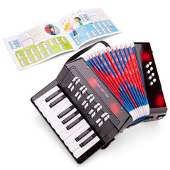 Black accordion with glossy finish, 88 white keys, and colorful music book featuring various graphics and text.