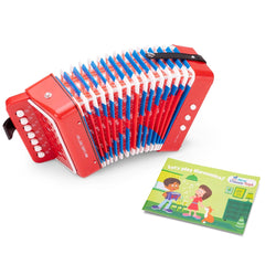 Red accordion with white buttons and keys, accompanied by a green booklet featuring "Let's play Harmonica!" text.
