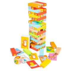 New Classic Toys Block Tower Game features a stack of colorful wooden blocks in cardboard packaging with animal images.
