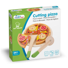 New Classic Toys Pizza Salami cutting set featuring cardboard packaging, pizza components, and colorful plastic utensils.