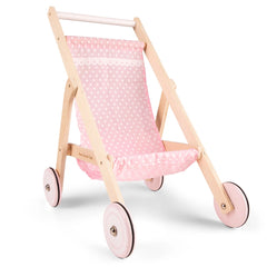 Doll stroller with a wooden frame, pink fabric seat with white polka dots, and pink plastic wheels for pretend play.