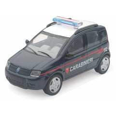 Carabinieri die-cast model car in black with a glossy finish, transparent roof rack, and red stripe featuring white text.