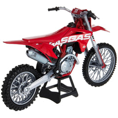 Gasgas Mc 450F dirt bike model in red and silver, featuring detailed components like black wheels and a silver engine.