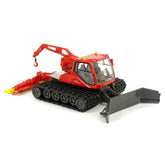 Snow Groomer Die-Cast toy features a red plastic body, black tracks, yellow blade, and a clear front window.