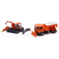 Orange die-cast snow groomer truck with flatbed and red bulldozer featuring a shovel attachment.