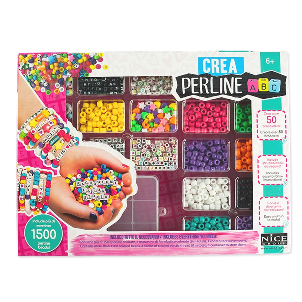 Nice Beads ABC Pcs 1500 Set with colorful beads, compartments, scissors, and "CREA PERLINE ABC" text on pink packaging.