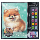 NICE Diamantiny Pets Coloring Arts Crafts features a small dog figurine, gemstones, pen, sticker, and instructional label in