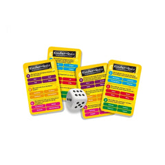 Noris childrens quiz game featuring yellow question cards and a white die on a plain background for educational play.