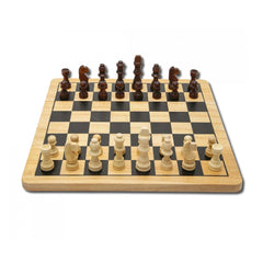 Noris Deluxe Wooden Chess & Checkers set displayed on a black and white checkered board with intricately carved pieces.