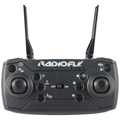 Radiofly Space Predator 38 drone remote control in black with 12 buttons, featuring brand name and directional layout.