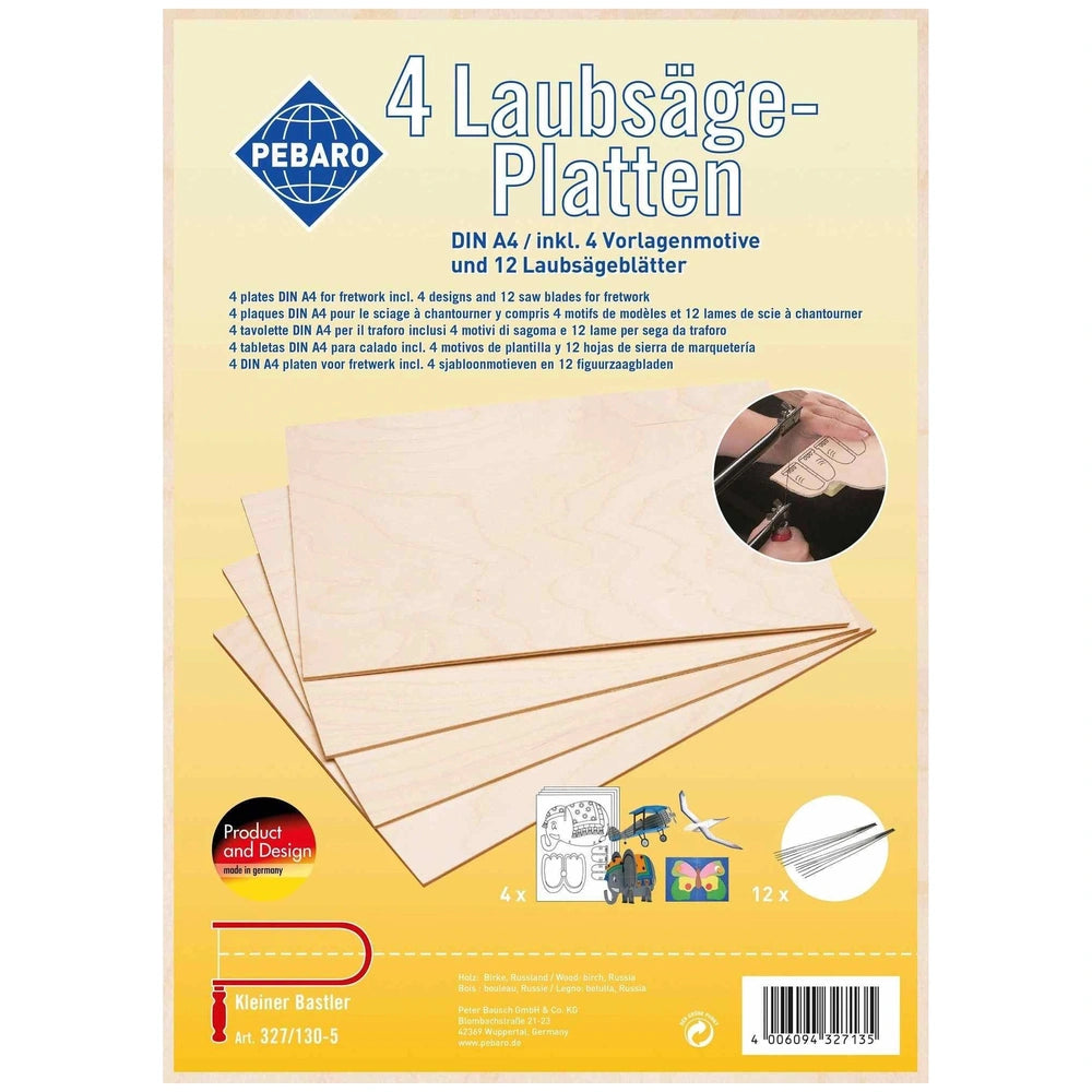 Pebaro Birch Plywood Plates set with four A4 panels and fretsaw blades on yellow background, crafting tools visible.