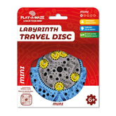 PLAY A MAZE Labyrinth Travel Disc Mini in blue and yellow with glossy red packaging and QR code, suitable for ages 6+.