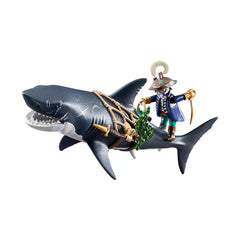Playmobil Giant Shark with Pirate set includes a toy shark, pirate, sword, rope, and leaves in a centered layout.
