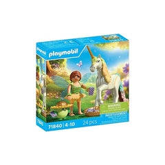 Playmobil Magic Unicorns toy playset packaging features a unicorn graphic, girl in fairy costume, and a basket of flowers.