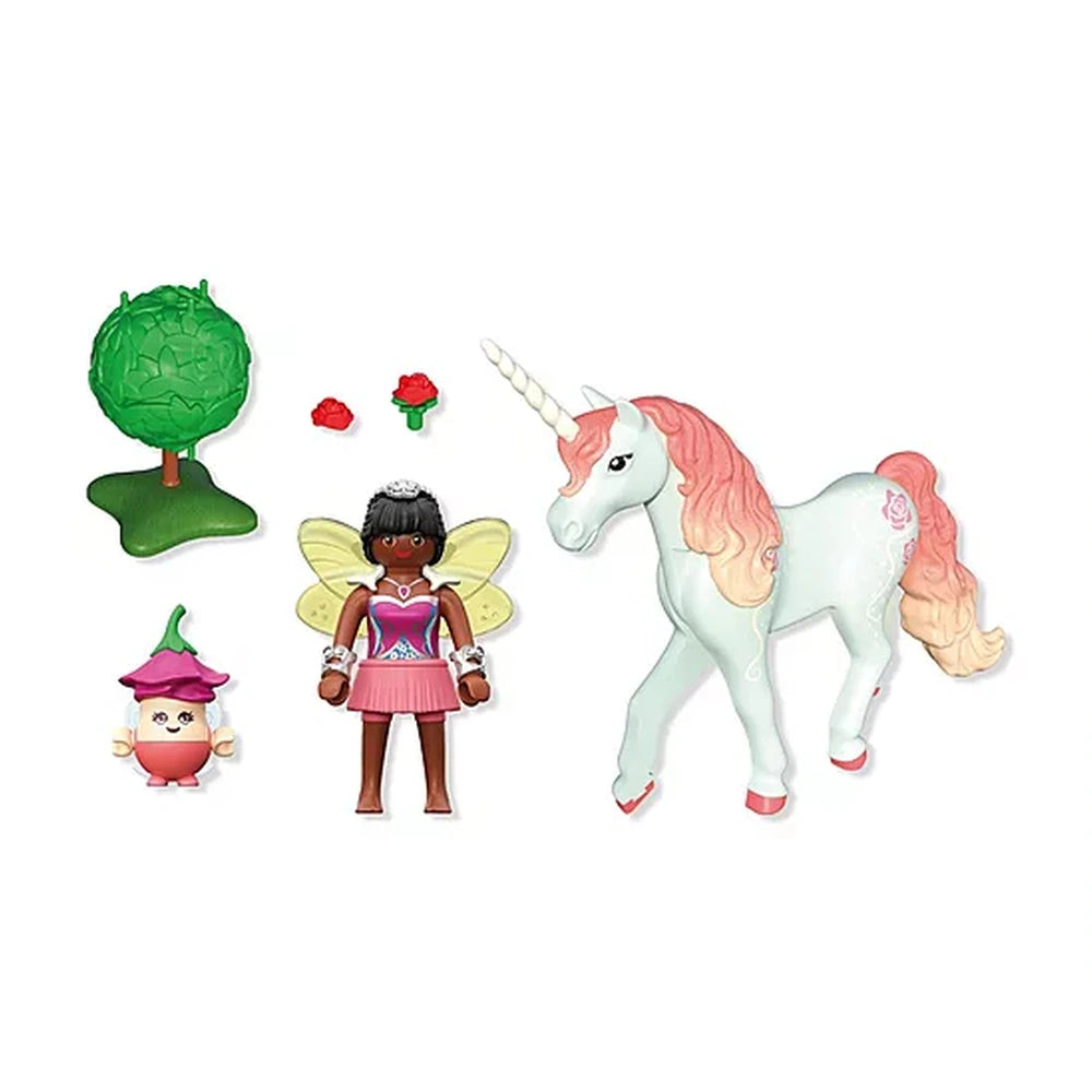 Playmobil Magic Unicorns toy playset features glossy unicorn and fairy figures alongside a matte tree and colorful mushrooms.