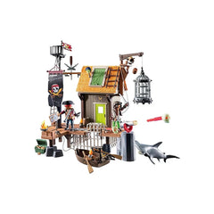 Playmobil Pirate-Harbor toy playset featuring a wooden structure, colorful roofs, and various plastic and metal elements.