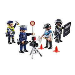 Playmobil Police-Figures-Set features a plastic police officer with a black helmet, uniform, stop sign, camera, and orange co