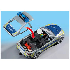 Playmobil Police Patrol Car toy features a metallic blue roof, white interior, and yellow-blue side stripe with red arrow.