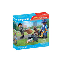 Playmobil Police-Search-With-Dog toy playset packaging features a blue background, a dog, and two uniformed figures with acce