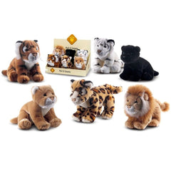 Jungly the Jungle Animals plush toys in various colors displayed in white packaging with a yellow logo and transparent window
